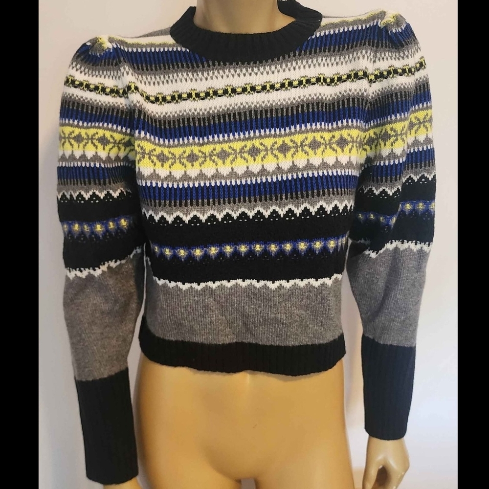 Zara Striped Fair Isle Crewneck Sweater in Black, Gray & Yellow